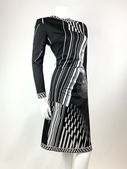 VINTAGE 60s 70s BLACK WHITE STRIPED FLORAL OP-ART FITTED KNEE-LENGTH DRESS 12 14