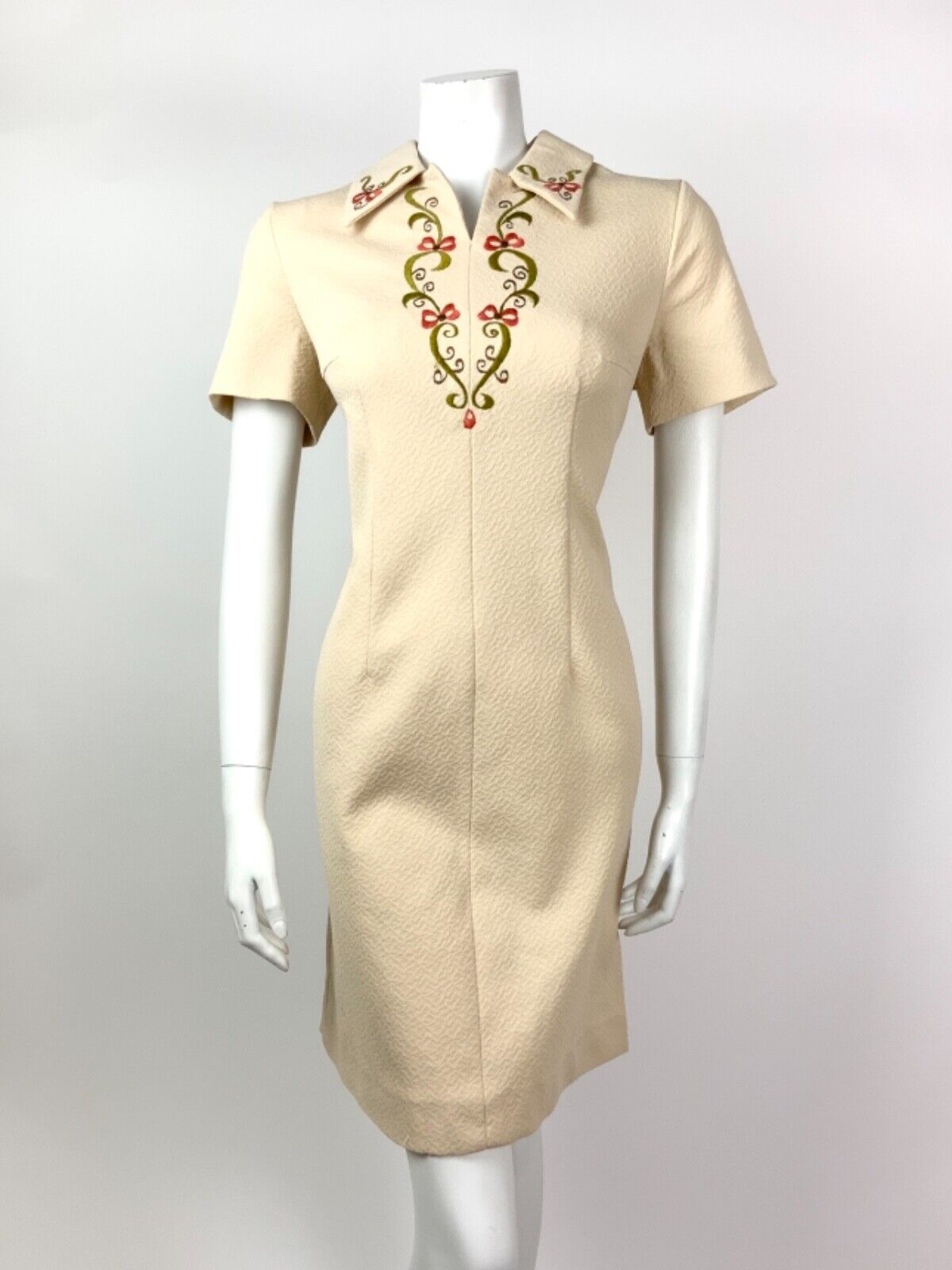 VTG 60s 70s CREAM GREEN RED BROWN SWIRL EMBROIDERED DAGGER COLLAR DRESS 12 14