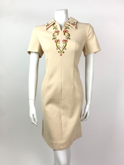 VTG 60s 70s CREAM GREEN RED BROWN SWIRL EMBROIDERED DAGGER COLLAR DRESS 12 14
