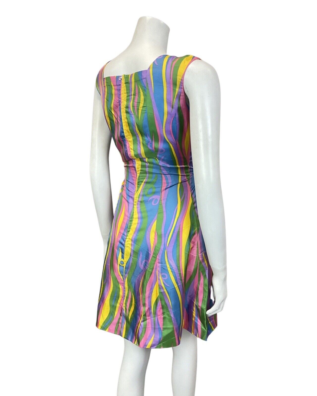 VINTAGE 60s 70s PURPLE BLUE YELLOW GREEN PSYCHEDELIC SLEEVELESS WIGGLE DRESS 10