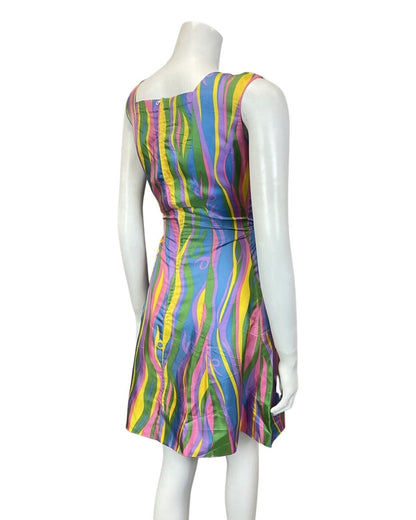 VINTAGE 60s 70s PURPLE BLUE YELLOW GREEN PSYCHEDELIC SLEEVELESS WIGGLE DRESS 10