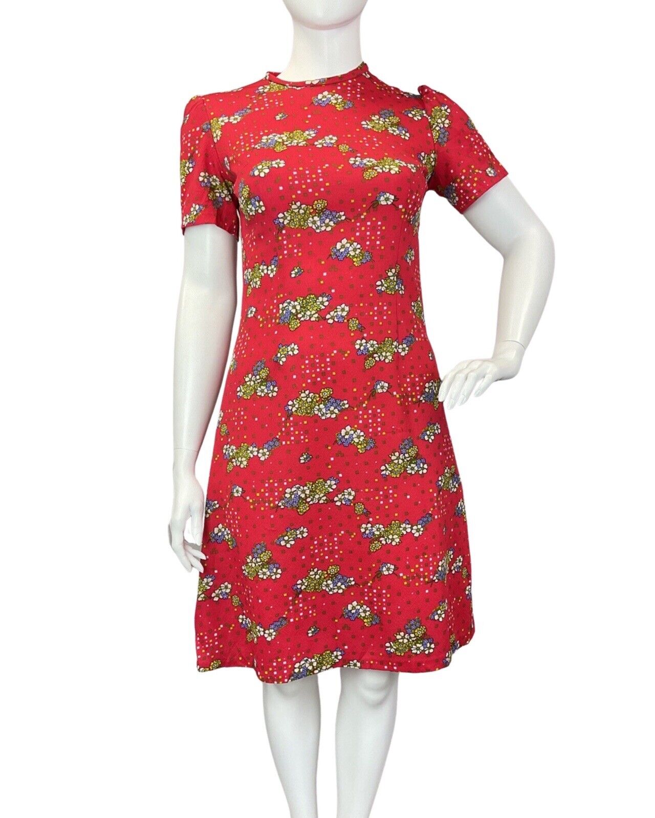 VINTAGE 60s 70s PILLARBOX RED BLUE GREEN DAISY FLOWER SQUARE MOD SUMMER DRESS 16