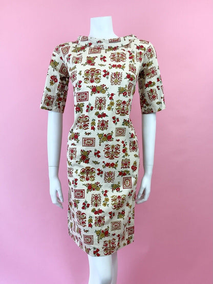 VINTAGE 60s 70s CREAM GREEN RED ORNATE FLORAL ROSE DECO MOD SHIFT DRESS 10