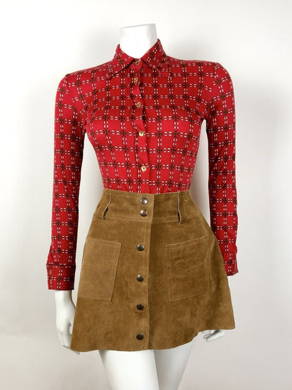 VINTAGE 60s 70s RED GREEN WHITE CHECKED GRID GEOMETRIC MOD DAGGER SHIRT 6 8