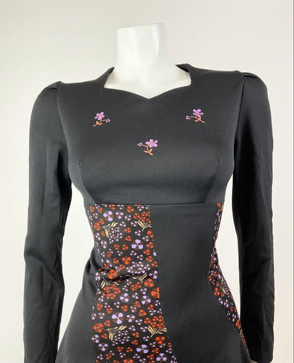 VINTAGE 60s 70s BLACK ORANGE PURPLE FLORAL EMBROIDERED MOD SKATER DRESS 10 12