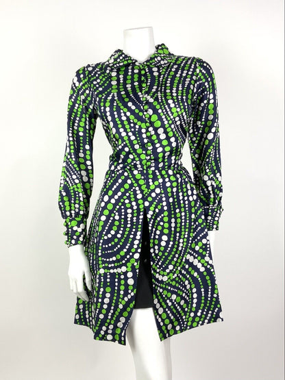 VINTAGE 60s 70s NAVY BLUE GREEN WHITE DOTTY WAVY MOD SPLIT SHIRT DRESS 10