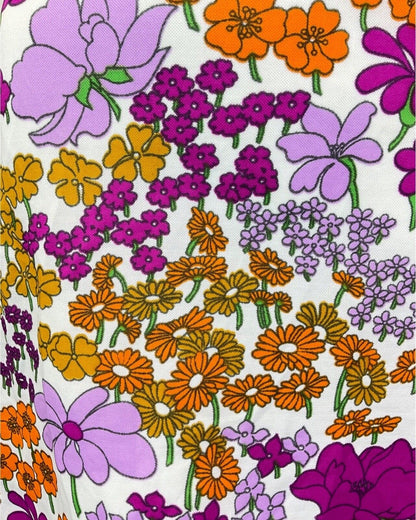 VINTAGE 60s 70s PURPLE WHITE YELLOW FLORAL MOD SHORT SWING DRESS 8 10