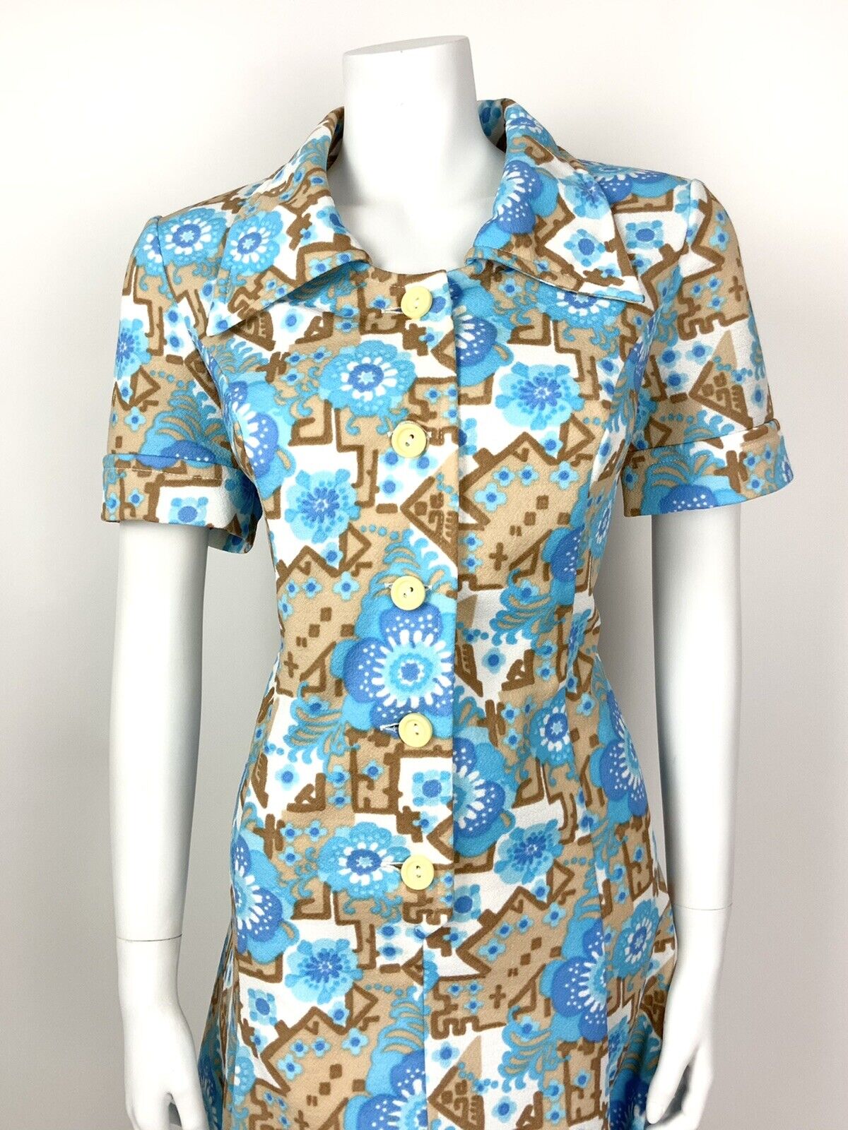 VINTAGE 60s 70s BLUE BEIGE WHITE FLORAL GEOMETRIC PSYCHEDELIC SHIRT DRESS 16 18