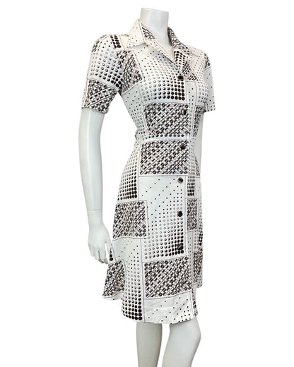 VINTAGE 60s 70s WHITE BROWN DOTTY CIRCLE GEOMETRIC MOD DAGGER SHIRT DRESS 10 12