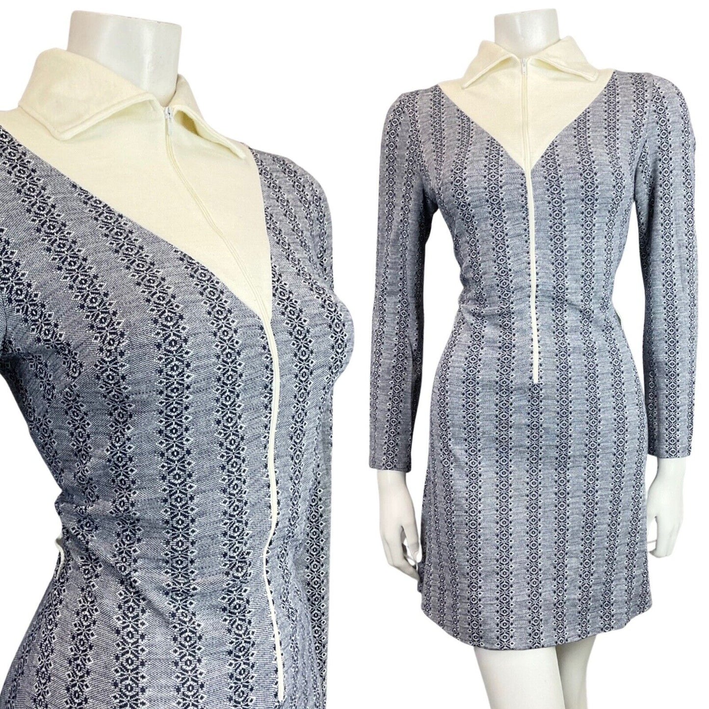VINTAGE 60s 70s NAVY BLUE CREAM STRIPED ZIP-UP MOD FITTED SHIRT DRESS 10 12