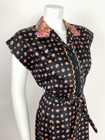VTG 60s 70s BLACK ORANGE PINK OLIVE FLORAL SCALLOPED SHIRT WAIST DRESS 12 14