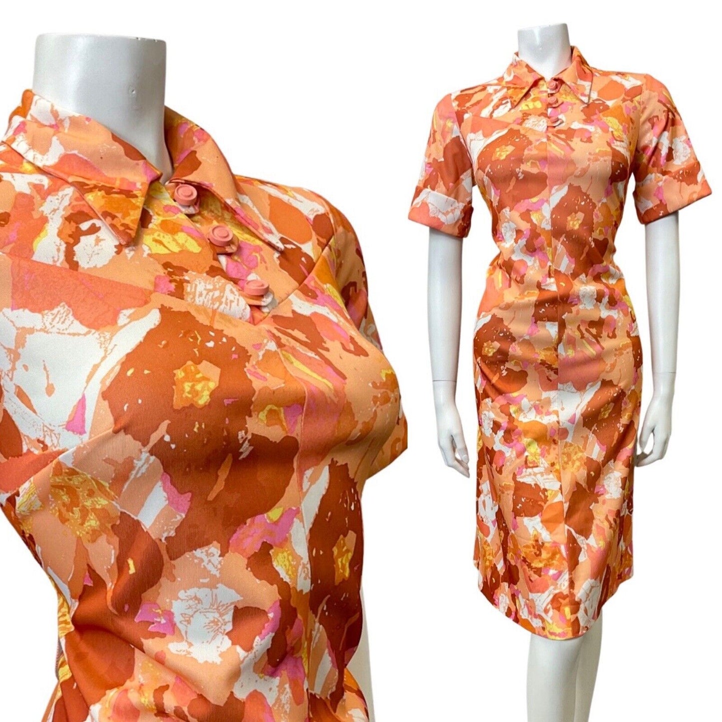 VINTAGE 60s 70s ORANGE PINK BROWN PSYCHEDELIC FLORAL LEAF DAGGER SHIRT DRESS 14