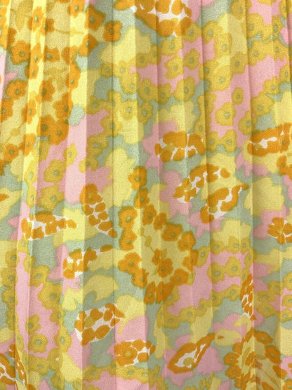 VINTAGE 60s 70s YELLOW ORANGE PINK FLORAL PSYCHEDELIC V-NECK PLEATED DRESS 10
