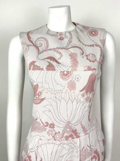 VINTAGE 60s 70s PINK WHITE SILVER LUREX FLORAL SWIRL SLEEVELESS PLEATED DRESS 10