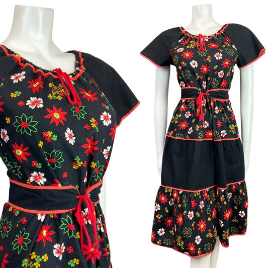 VINTAGE 60s 70s BLACK RED GREEN FLORAL PRAIRIE BOHO TIERED BELTED DRESS 8