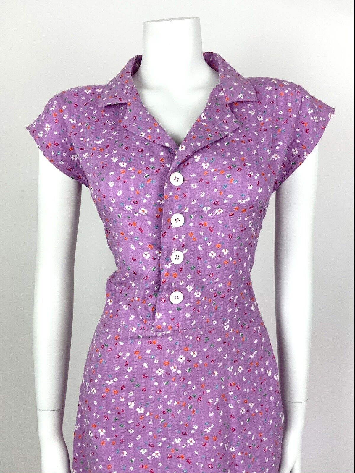 VINTAGE 70s PURPLE ORANGE WHITE BLUE DITSY FLORAL REVERS SHIRT DRESS 12