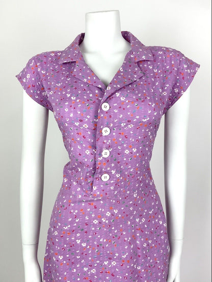 VINTAGE 70s PURPLE ORANGE WHITE BLUE DITSY FLORAL REVERS SHIRT DRESS 12