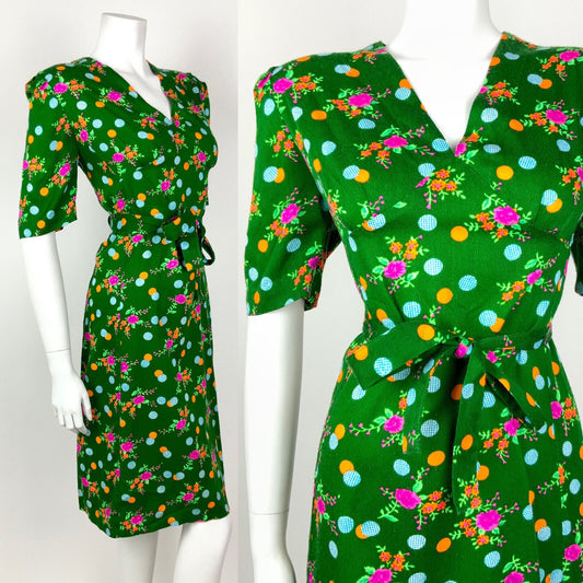 VINTAGE 60s 70s GREEN PINK ORANGE BLUE DOTTY FLORAL BELTED DRESS 14 16