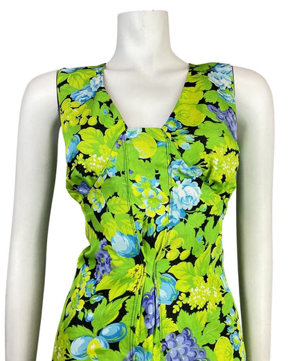 VINTAGE 60s 70s GREEN BLACK BLUE FLORAL GRAPES SLEEVELESS SUMMER DRESS 10 12