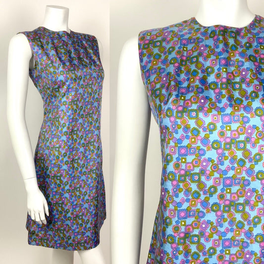 VTG 60s 70s BLUE PURPLE PINK GREEN FLORAL DAISY GEOMETRIC MOD SHIFT DRESS 8 10