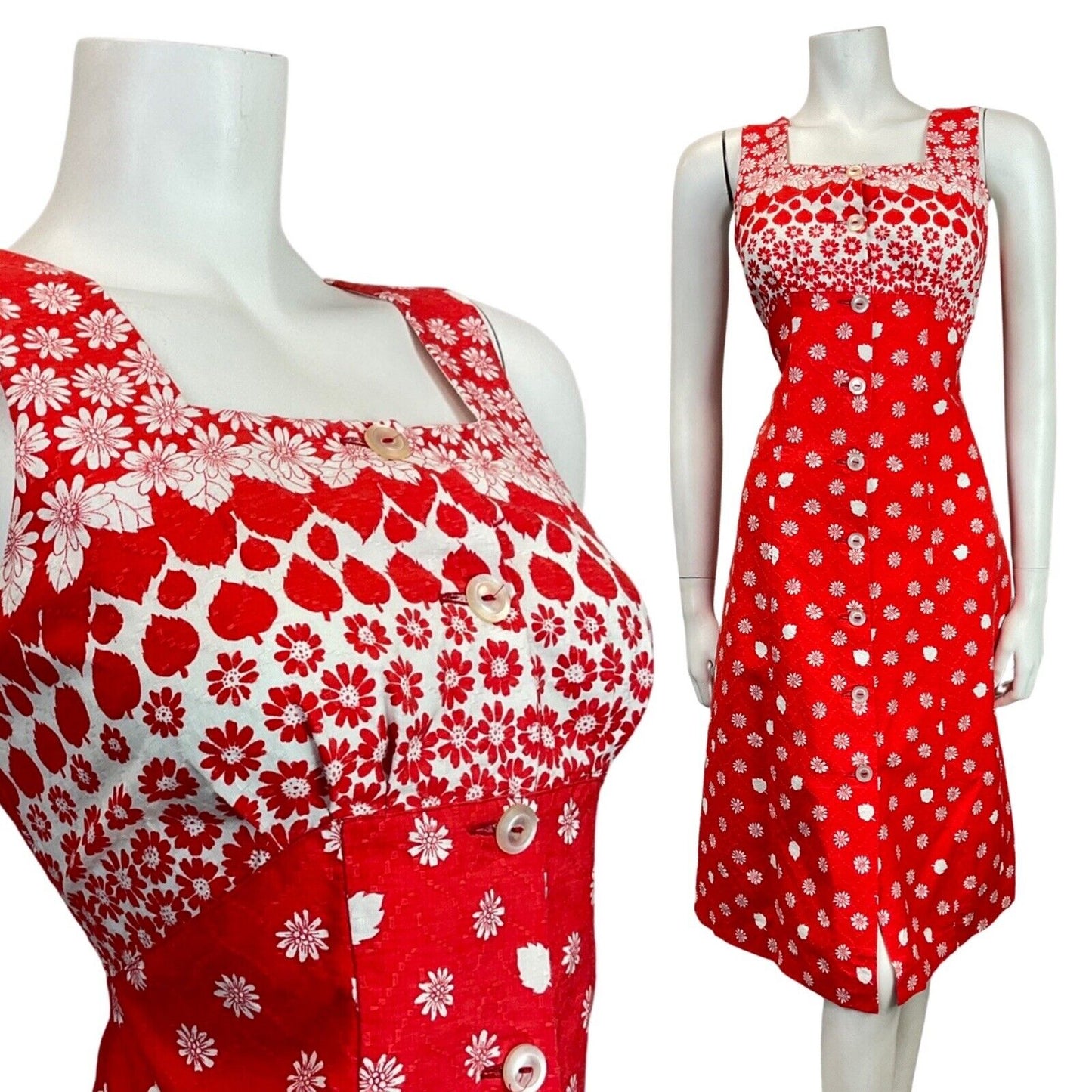 VINTAGE 60s 70s PILLARBOX RED WHITE FLORAL LEAFY MOD SLEEVELESS SUMMER DRESS 8
