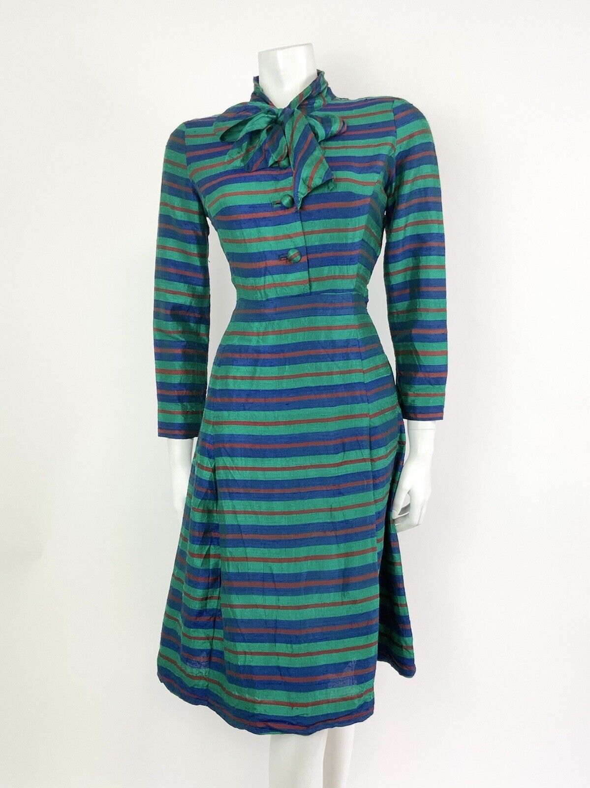 VINTAGE 60s 70s GREEN BLUE RED STRIPED METALLIC PUSSYBOW MOD SILK DRESS 10 12