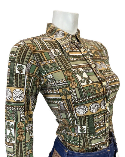 VINTAGE 60s 90s GREEN BEIGE BROWN GEOMETRIC PSYCHEDELIC DAGGER COLLAR SHIRT 8 10