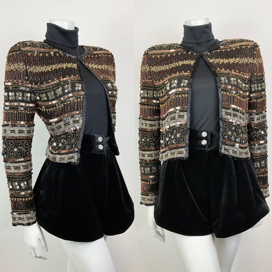 VTG 70s BLACK BRONZE SILVER DECO STRIPED BEADED SEQUIN PARTY TROPHY JACKET 8 10