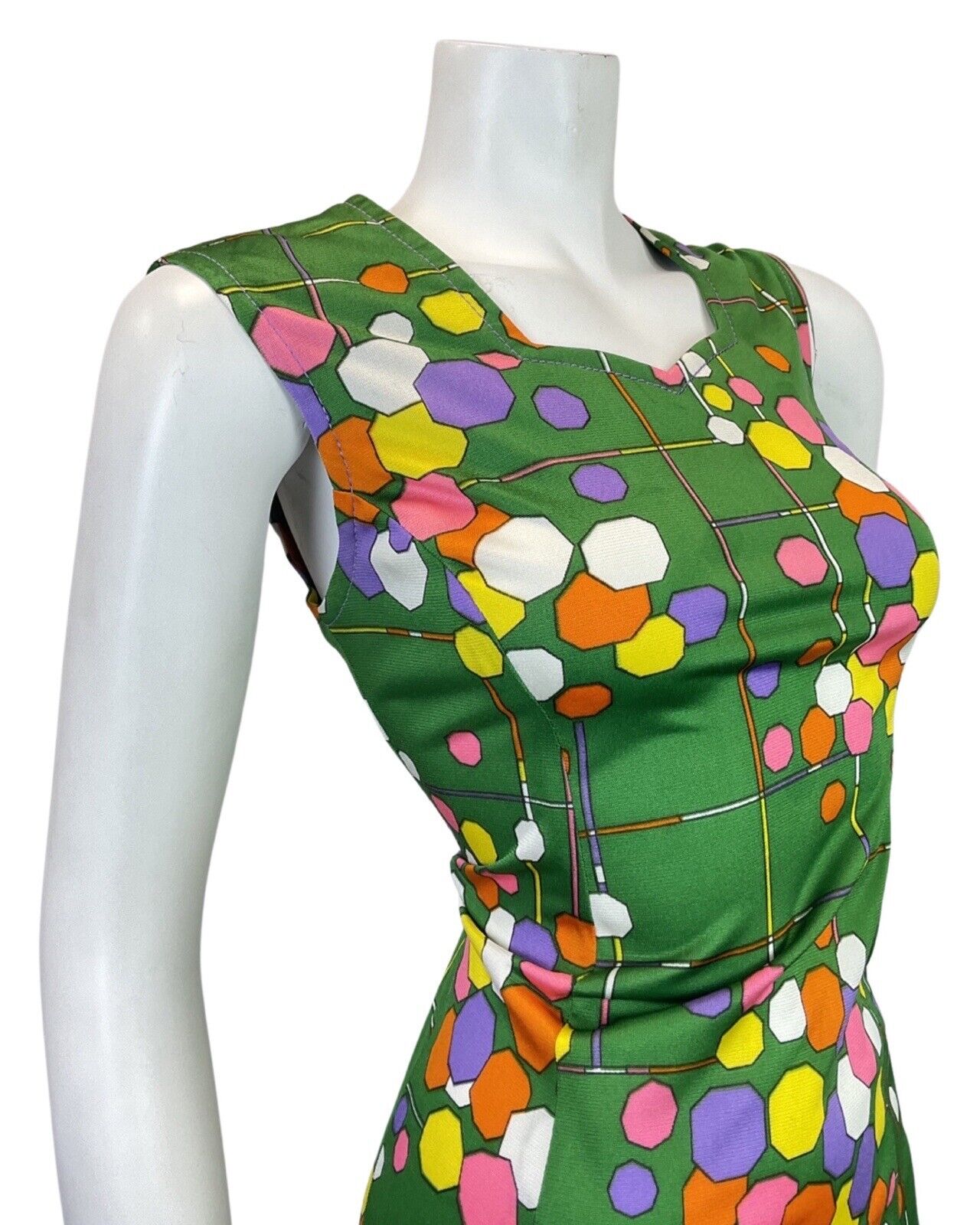 VINTAGE 60s 70s GREEN YELLOW PURPLE GEOMETRIC SLEEVELESS SUMMER DRESS 10