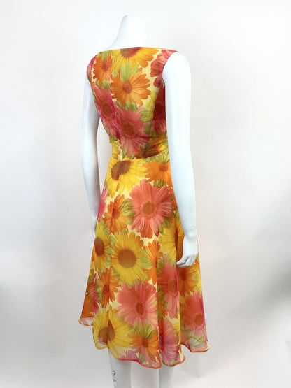 VINTAGE 60s 70s YELLOW ORANGE PINK FLOWER POWER GERBERA FLOATY SUMMER DRESS 8 10
