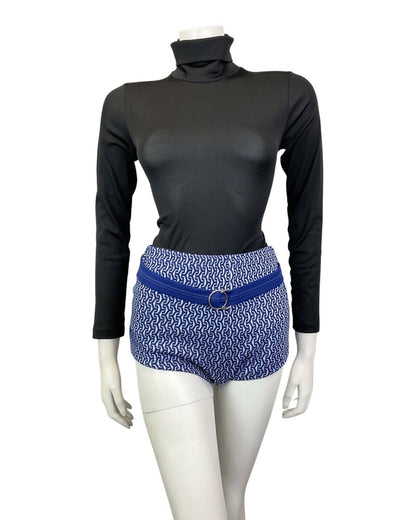 VINTAGE 60s 70s BLUE WHITE GEOMETRIC BELTED MOD HIGH-WAISTED SWIM SHORTS 8 10