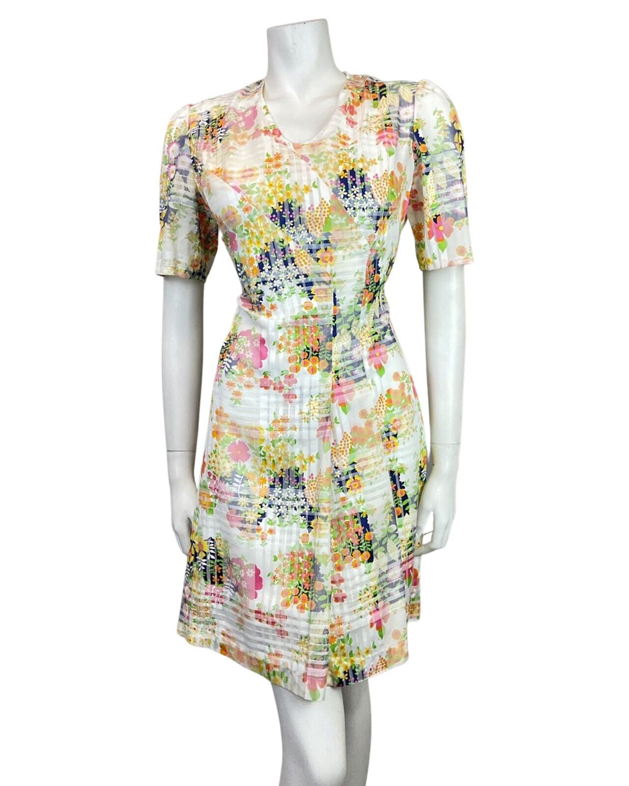 VINTAGE 60s 70s WHITE BLUE YELLOW CHECKED FLORAL DAISY MOD SHORT DRESS 10 12