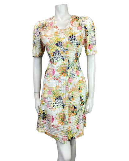 VINTAGE 60s 70s WHITE BLUE YELLOW CHECKED FLORAL DAISY MOD SHORT DRESS 10 12