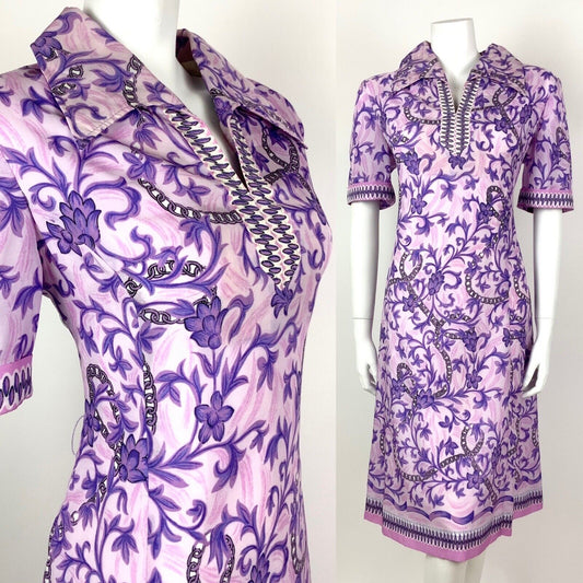 VINTAGE 60s 70s PINK PURPLE BLACK ACANTHUS FLORAL CHAIN WING COLLAR DRESS 14