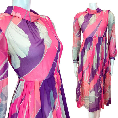 VINTAGE 60s 70s PINK PURPLE SILVER FLORAL LEAFY SHEER PLEATED SWING SILK DRESS 8