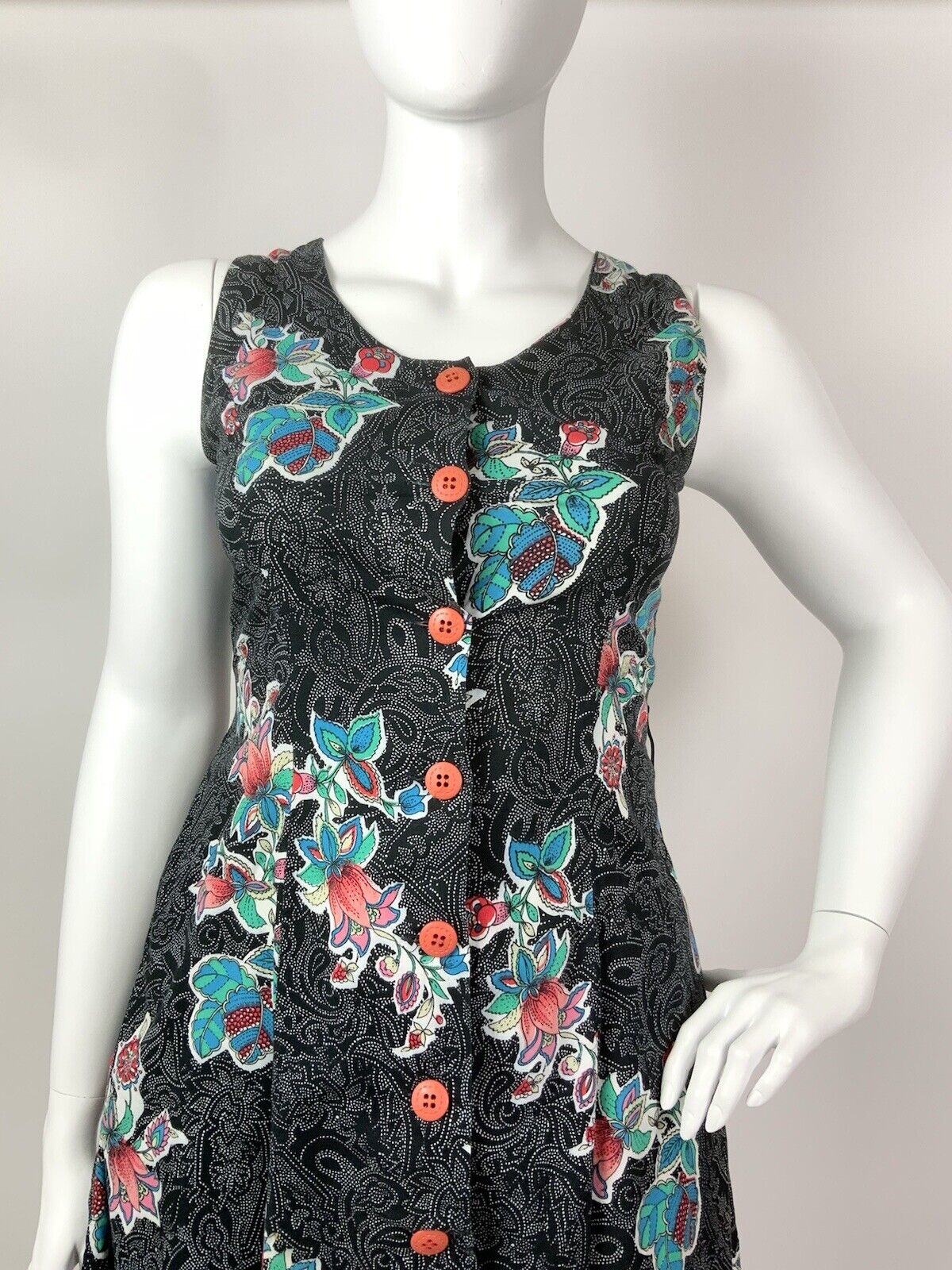VINTAGE 70s 80s BLACK WHITE BLUE ORANGE DOTTY FLORAL PAISLEY SLEEVELESS DRESS 16