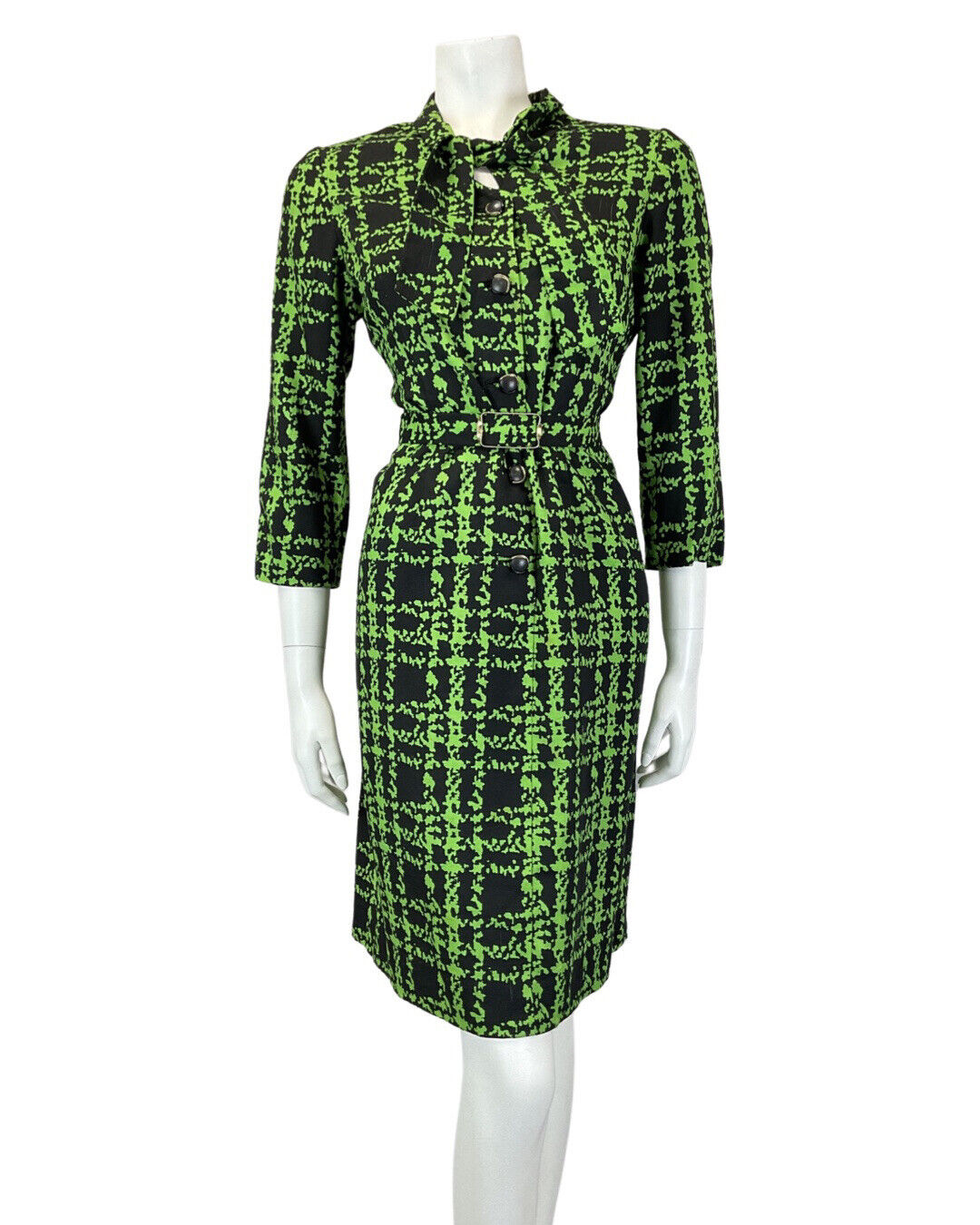 VINTAGE 60s 90s GREEN BLACK PLAID CHECKED PUSSYBOW BELTED MOD DRESS 16
