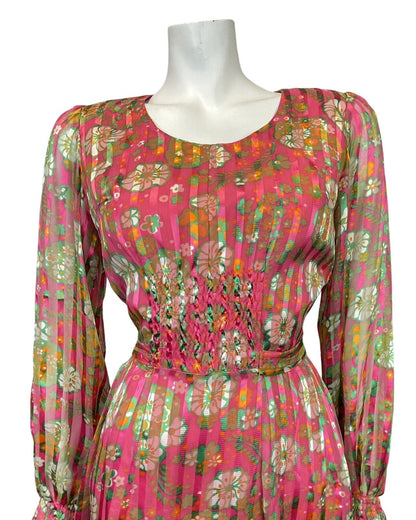 VINTAGE 60s 70s FUCHSIA PINK GREEN WHITE FLORAL STRIPED SHEER MOD DRESS 10 12