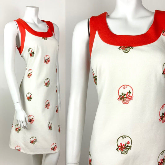VINTAGE 60s 70s WHITE ORANGE GREEN BASKET FLORAL EMBROIDERED MOD SHIFT DRESS 12