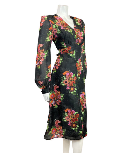 VTG 60s 70s BLACK PINK GREEN FLORAL BIRD BUTTERFLY SHEER SWING DRESS 12