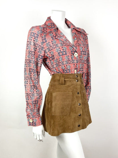 VINTAGE 60s 70s RED BLUE WHITE GEOMETRIC MOD DAGGER COLLAR SHIRT BLOUSE 16 18