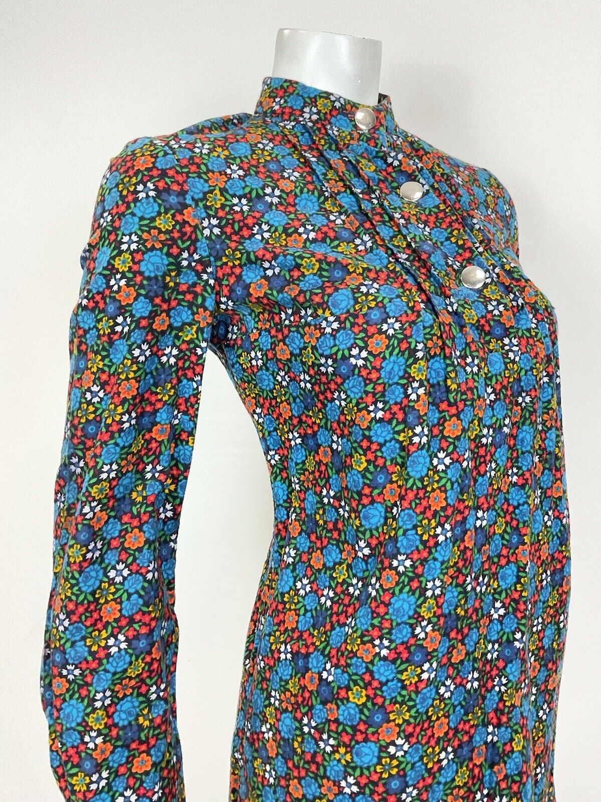 VINTAGE 60s 70s BLUE GREEN ORANGE DITSY FLORAL ROSE MOD SHIFT DRESS 10 12