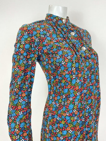VINTAGE 60s 70s BLUE GREEN ORANGE DITSY FLORAL ROSE MOD SHIFT DRESS 10 12