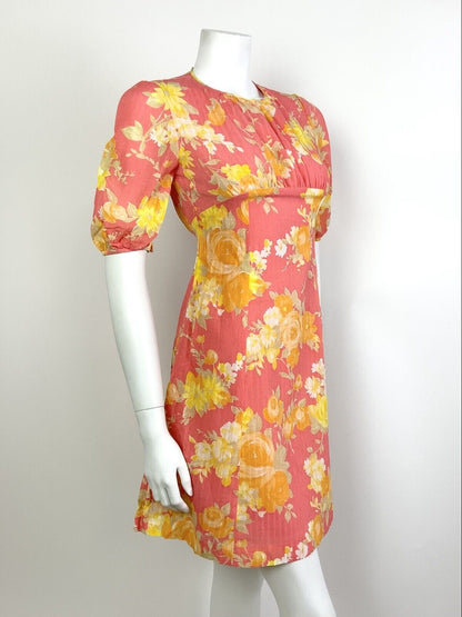 VINTAGE 60s 70s PINK YELLOW ORANGE FLORAL PUFF SLEEVE MOD EMPIRE LINE DRESS 8