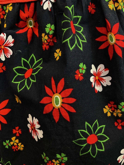 VINTAGE 60s 70s BLACK RED GREEN FLORAL PRAIRIE BOHO TIERED BELTED DRESS 8