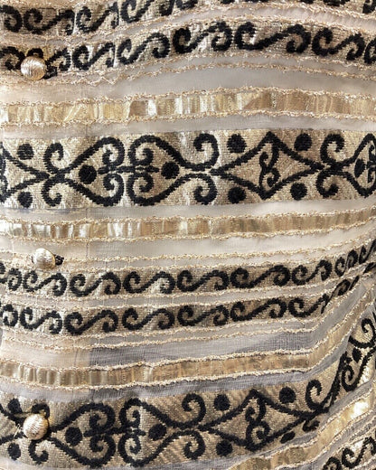 VINTAGE 60s 70s BLACK GOLD STRIPED SWIRL SHEER PARTY STUDIO 54 BLOUSE 8 10