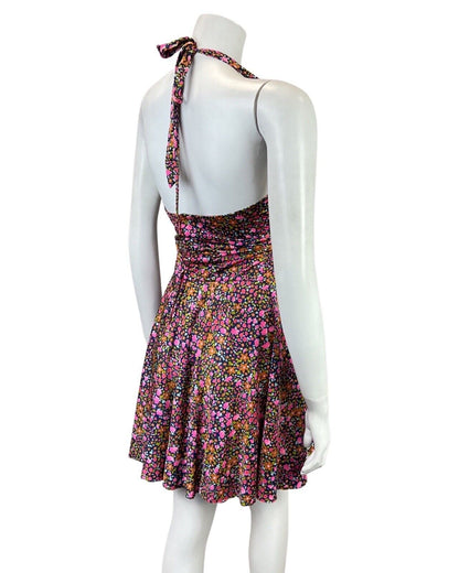 VINTAGE 60s 70s BLUE PINK GREEN DITSY FLOWER HALTER SUMMER SWING DRESS 8 10