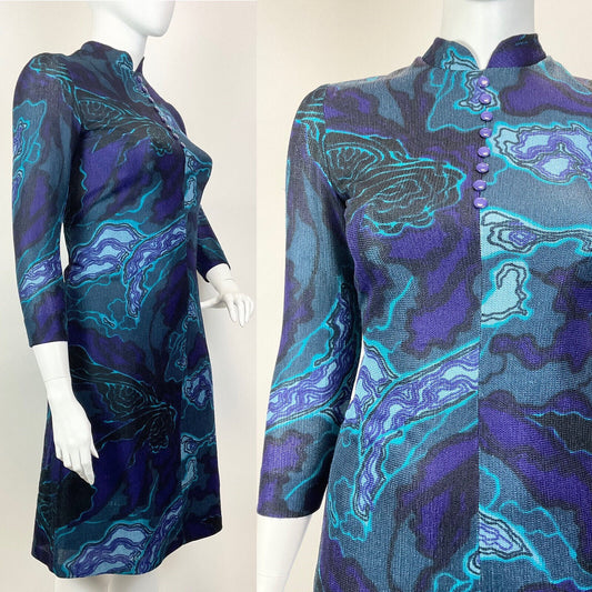 VINTAGE 60s 70s BLUE PURPLE BLACK PSYCHEDELIC GEODE MOD MANDARIN COLLAR DRESS 16
