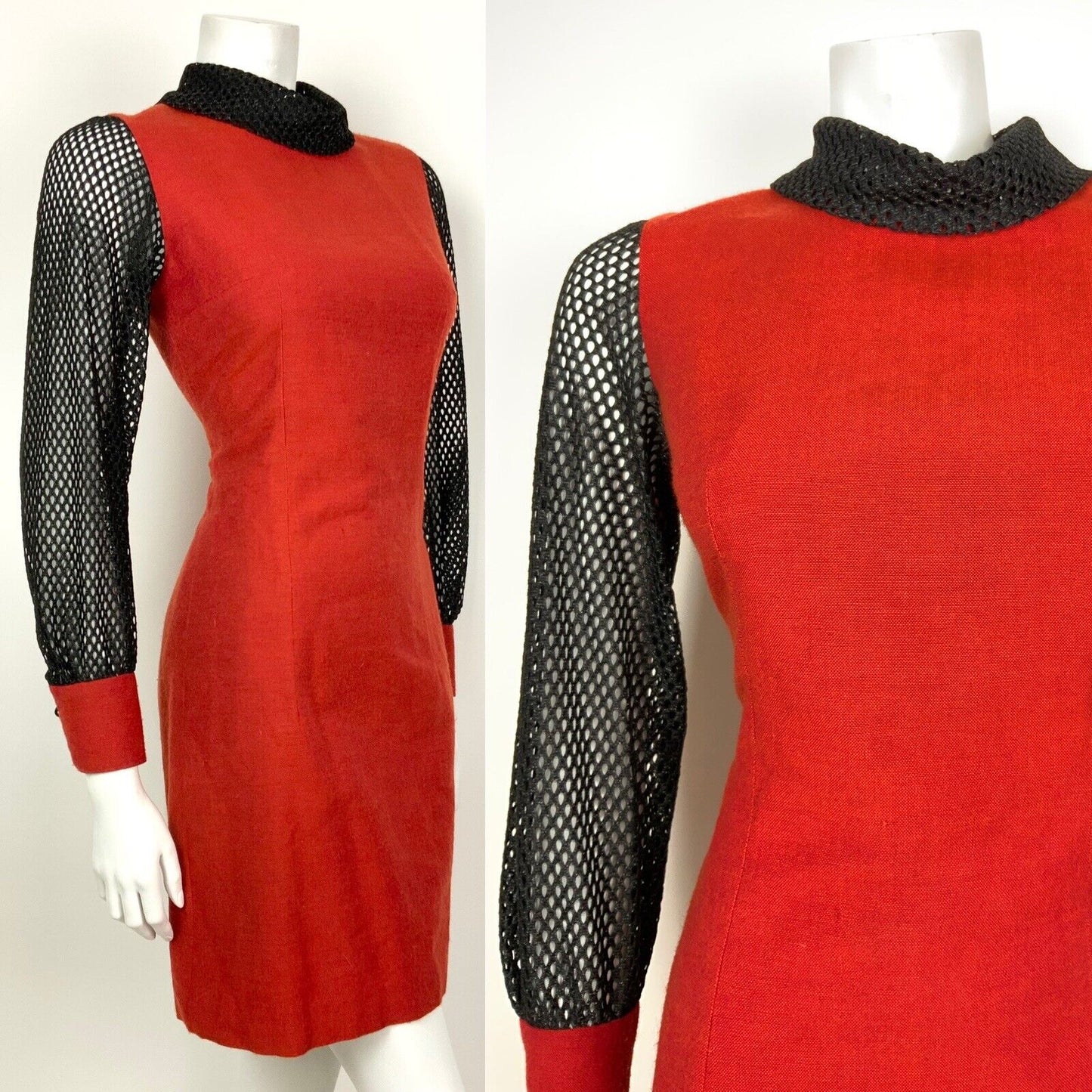 VINTAGE 60s 70s RUST RED BLACK GLITTER MESH FITTED DRESS 8