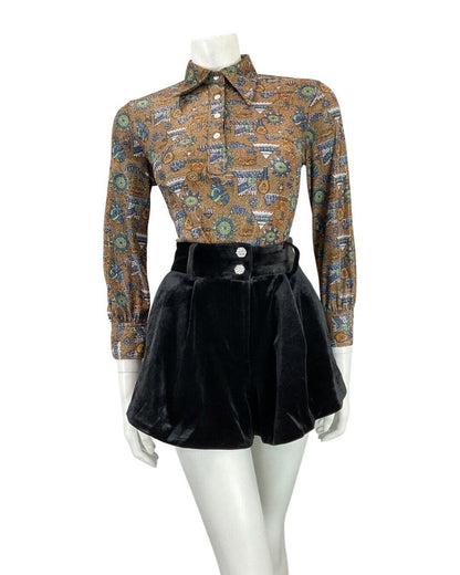 VINTAGE 70s BROWN SILVER BLUE CASTLE TENT MOD DAGGER COLLAR LUREX SHIRT 12